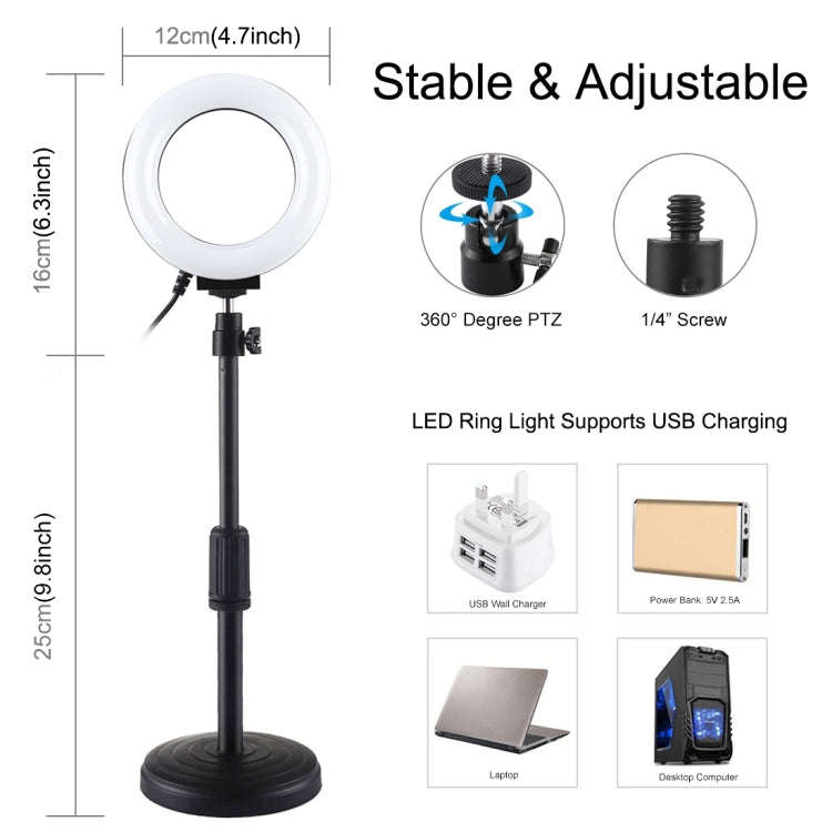 PULUZ Round Base Desktop Holder + 4.7 inch 12cm 3 Modes USB Dimmable LED Ring Vlogging Video Ligh...