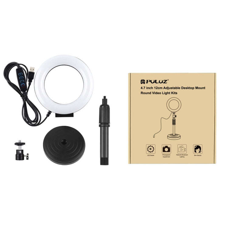 PULUZ Round Base Desktop Holder + 4.7 inch 12cm 3 Modes USB Dimmable LED Ring Vlogging Video Ligh...
