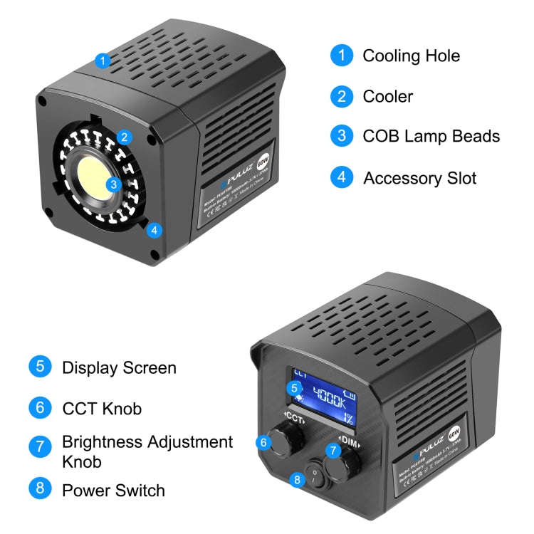 PULUZ 60W Studio Video Light 2500K-6500K Dual Color Temperature Professional Photography Fill Lig...