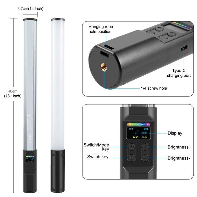 PULUZ 132 LEDs Photo Handheld Stick Light Full Color RGB Fill Light