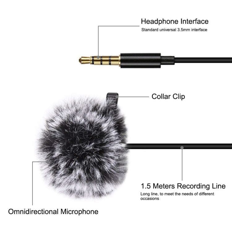 PULUZ 1.5m 3.5mm Jack Lavalier Wired Condenser Recording Microphone