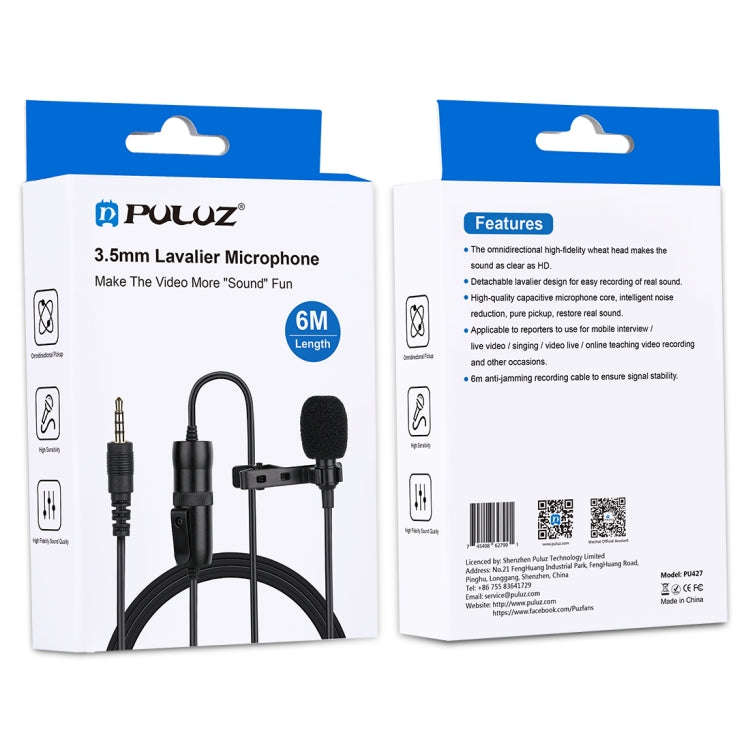 PULUZ 3.5mm Jack Lavalier Omnidirectional Condenser Recording Video Microphone, Length: 6m