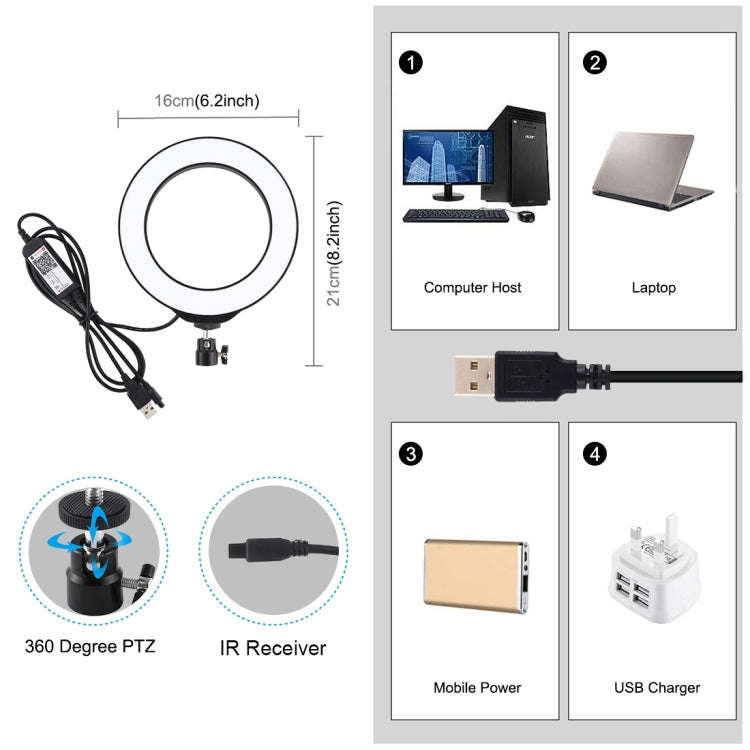 PULUZ 6.2 inch 16cm USB RGBW Dimmable LED Ring Vlogging Photography Video Lights  with Cold Shoe ...