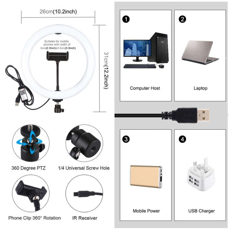 PULUZ 10.2 inch 26cm USB RGBW Dimmable LED Ring Vlogging Photography Video Lights with Tripod Bal...