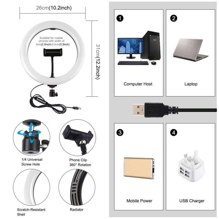PULUZ 10.2 inch 26cm USB 10 Modes 8 Colors RGBW Dimmable LED Ring Vlogging Photography Video Ligh...