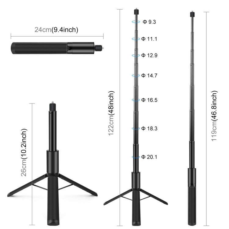 PULUZ 1.22m Retractable Invisible Selfie Stick with Tripod For Insta360 X4 / X3 (Black)