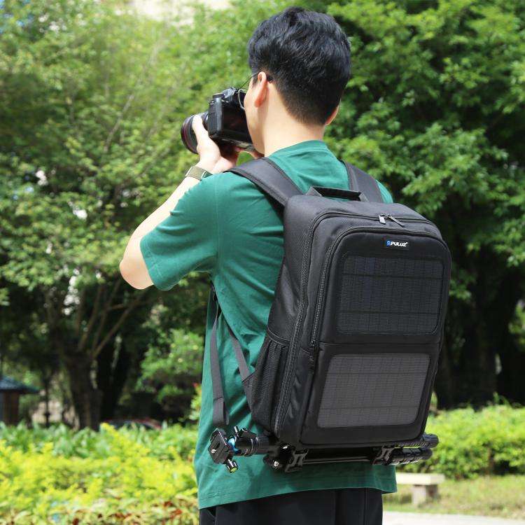 PULUZ 12W Solar Power Outdoor Portable Camera Dual Shoulders Backpack Laptop Bag (Black)