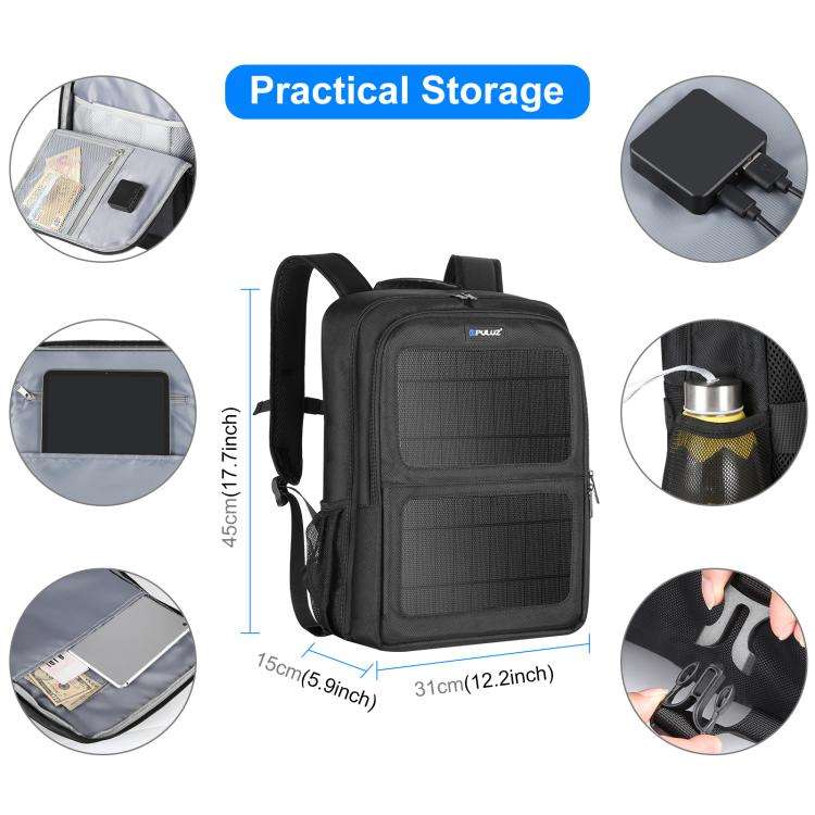 PULUZ 12W Solar Power Outdoor Portable Camera Dual Shoulders Backpack Laptop Bag (Black)
