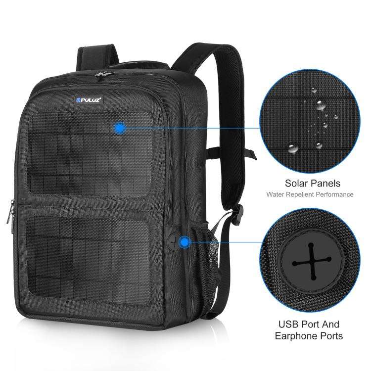PULUZ 12W Solar Power Outdoor Portable Camera Dual Shoulders Backpack Laptop Bag (Black)