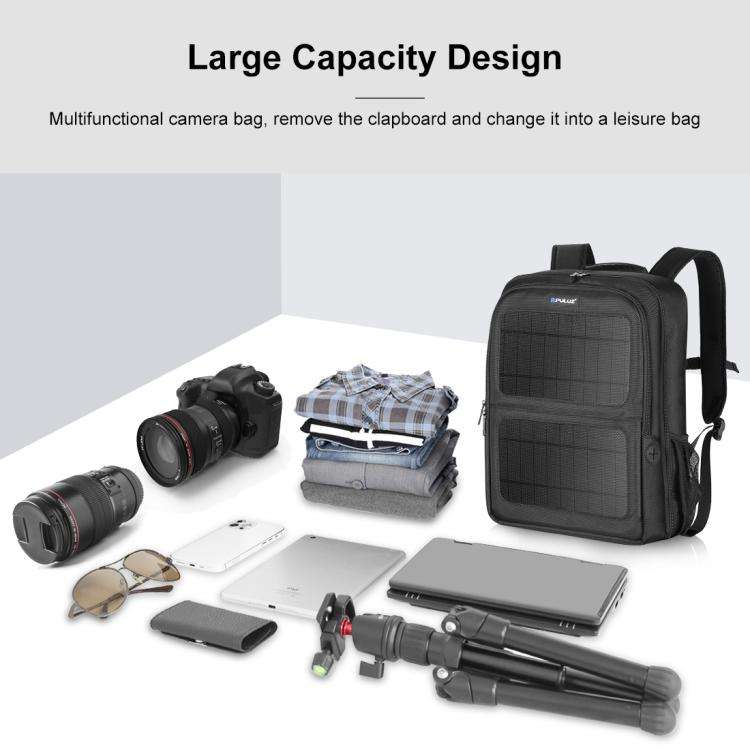PULUZ 12W Solar Power Outdoor Portable Camera Dual Shoulders Backpack Laptop Bag (Black)
