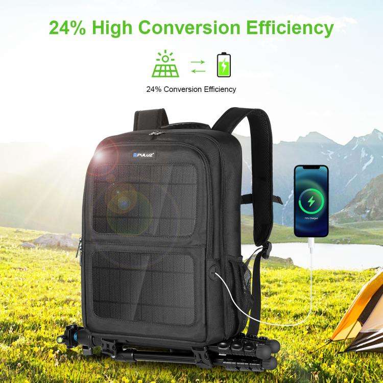 PULUZ 12W Solar Power Outdoor Portable Camera Dual Shoulders Backpack Laptop Bag (Black)