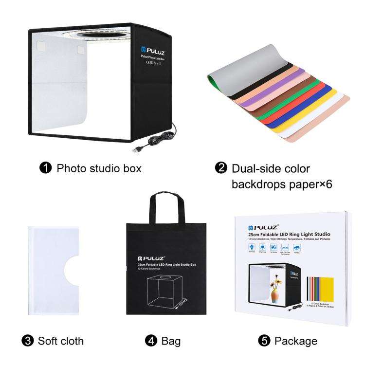 PULUZ 25cm Folding Portable High 97 CRI Ring Light Photo Lighting Studio Shooting Tent Box with 1...