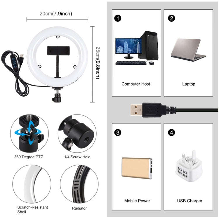 PULUZ 7.9 inch 20cm USB 3 Modes Dimmable Dual Color Temperature LED Curved Light Ring Vlogging Se...