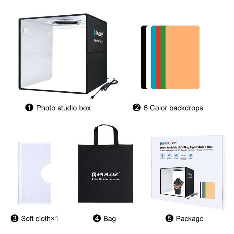 PULUZ 30cm Folding  High 97 CRI Ring Light Photo Lighting Studio Shooting Tent Box Kit with 6 Col...
