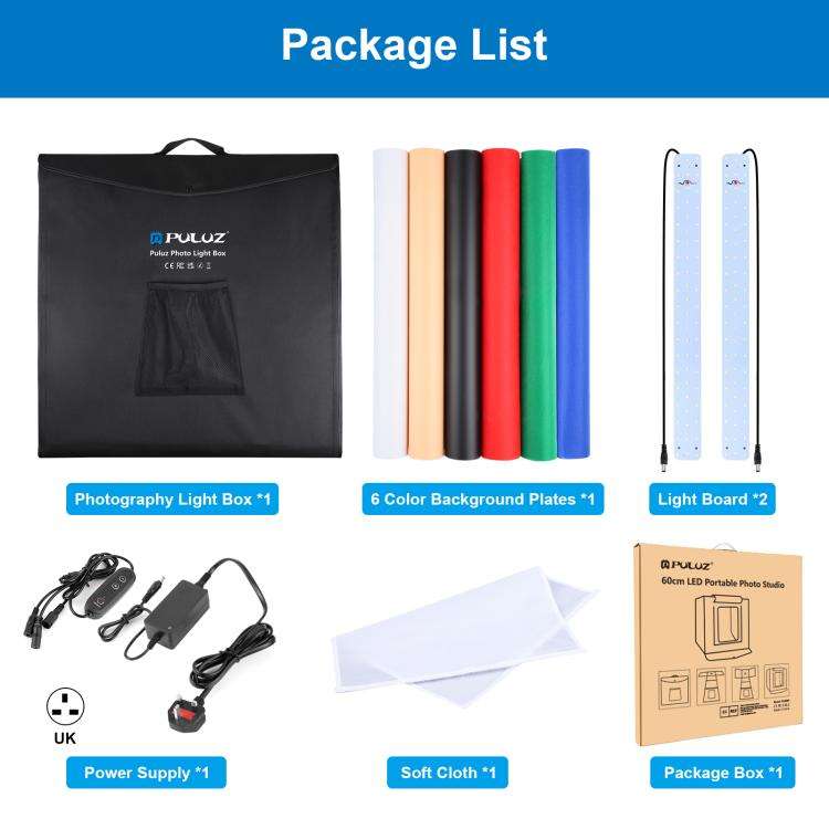 PULUZ Photo Studio Light Box Portable 60 x 60 x 60 cm Light Tent LED 5500K White Light Dimmable M...