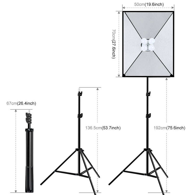 PULUZ 50x70cm Studio Softbox + 2m Tripod Mount + 4 x E27 20W 5700K White Light LED Light Bulb Pho...