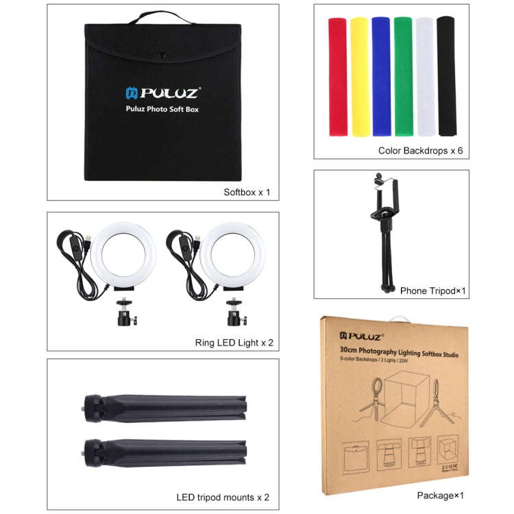 PULUZ 30cm Folding Portable Ring Light Photo Lighting Studio Shooting Tent Box Kit with 6 Colors ...