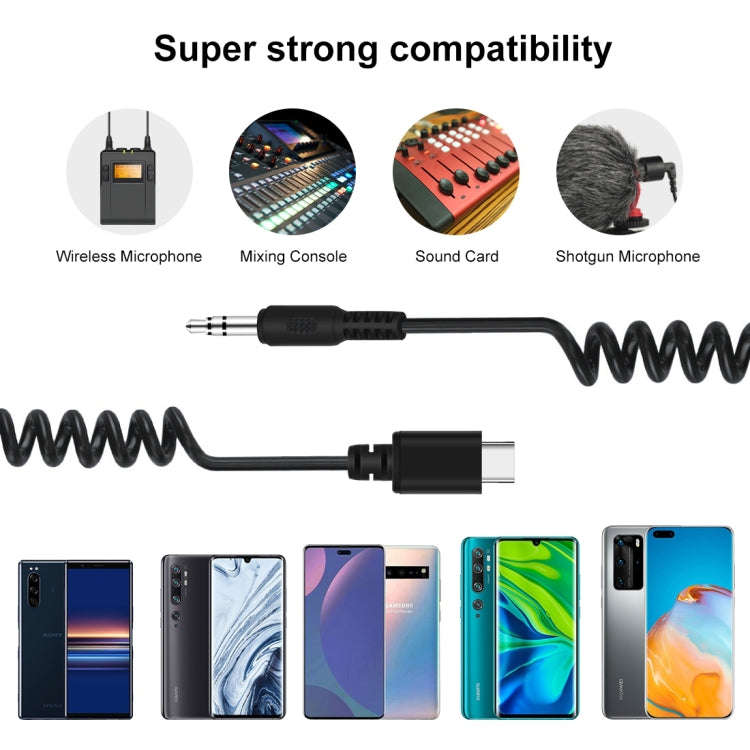 PULUZ 3.5mm TRRS Male to Type-C / USB-C Male Live Microphone Audio Adapter Spring Coiled Cable fo...