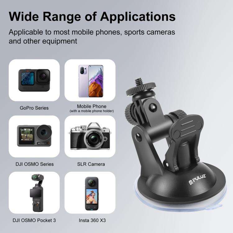 PULUZ Car Suction Cup Mount with Screw & Tripod Mount Adapter & Storage Bag for GoPro, Insta360, ...