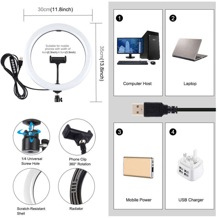 PULUZ 11.8 inch 30cm Curved Surface USB 10 Modes 8 Colors RGBW Dimmable LED Ring Vlogging Photogr...