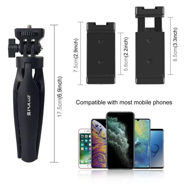PULUZ Desk Plastic Tripod Mount with Phone Clamp & Adjusting Tripod Head for Smartphones(Black)