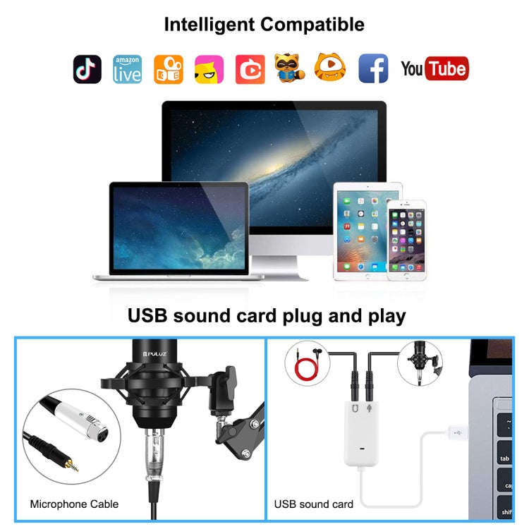 PULUZ Studio Broadcast Professional Singing Microphone Kits with Suspension Scissor Arm & Metal S...