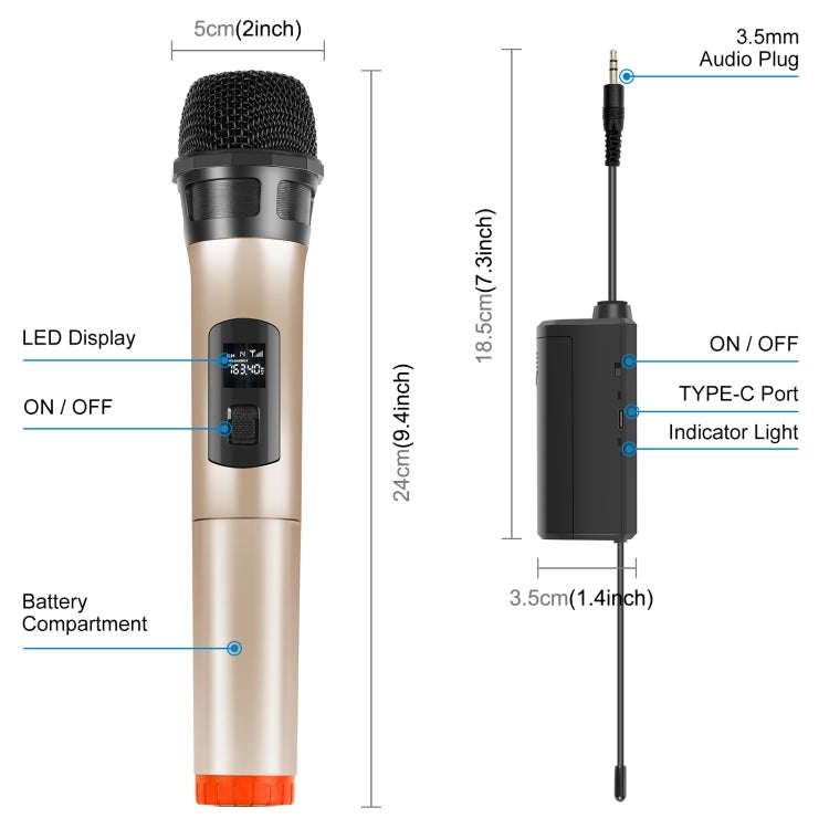 PULUZ UHF Wireless Dynamic Microphone with LED Display(Gold)
