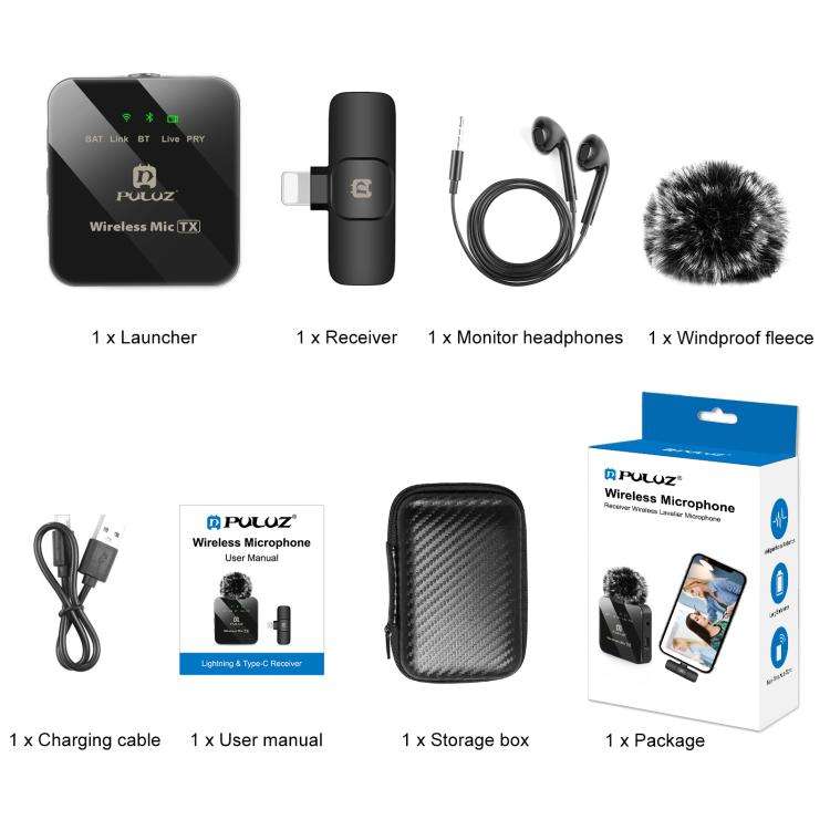 PULUZ Wireless Lavalier Microphone for iPhone / iPad, 8-Pin Receiver (Black)