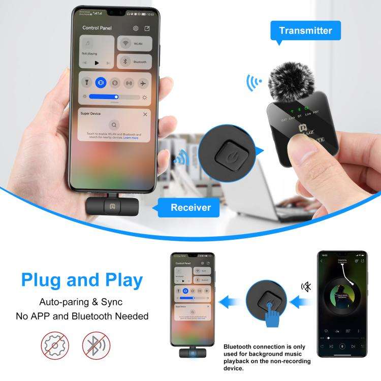 PULUZ Wireless Lavalier Microphone for Type-C Phone, Type-C Receiver(Black)