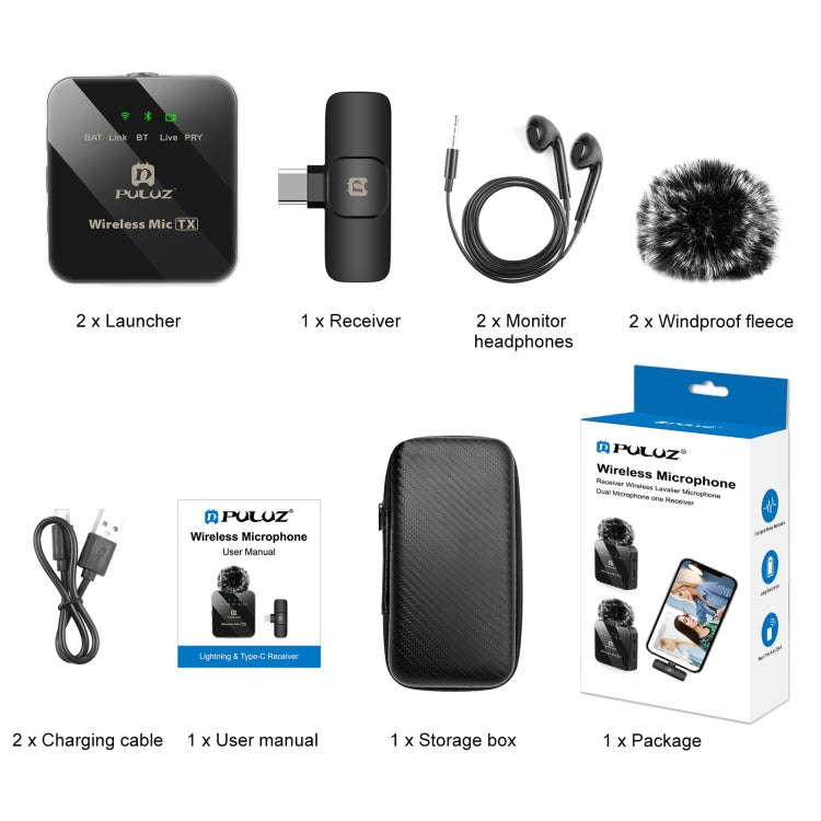 PULUZ Wireless Lavalier Microphone for Type-C Phone, Type-C Receiver and Dual Microphones (Black)