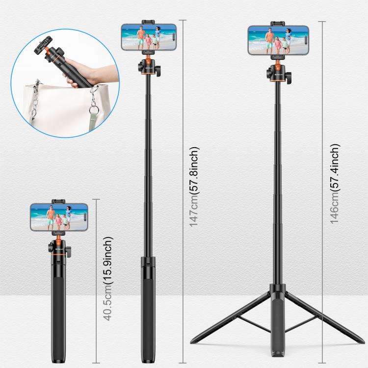 PULUZ 1.4m Phone Selfie Stick Tripod Vlog Live Streaming Holder with Phone Clip (Black)
