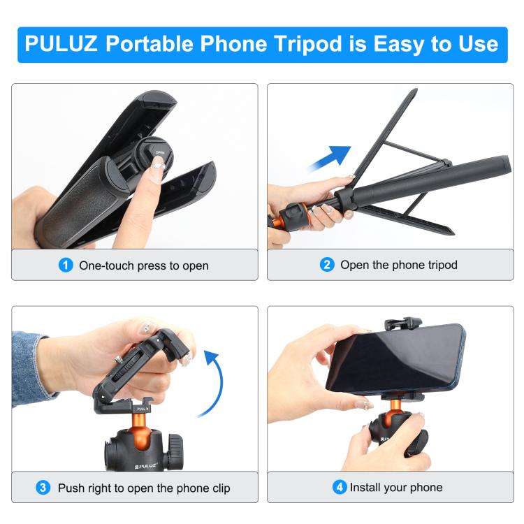 PULUZ 1.4m Phone Selfie Stick Tripod Vlog Live Streaming Holder with Phone Clip (Black)