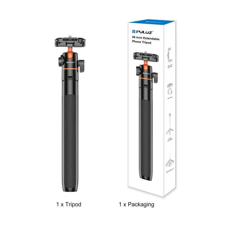 PULUZ 1.4m Phone Selfie Stick Tripod Vlog Live Streaming Holder with Phone Clip (Black)