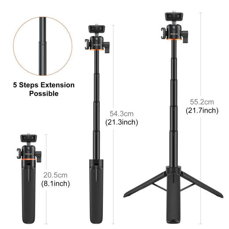 PULUZ Mini Phone Camera Extension Tripod Stand 360 Degree Ball Head Cold Shoe Selfie Stick (Black)