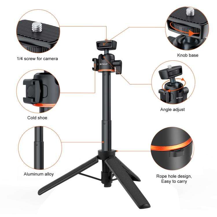 PULUZ Mini Phone Camera Extension Tripod Stand 360 Degree Ball Head Cold Shoe Selfie Stick (Black)