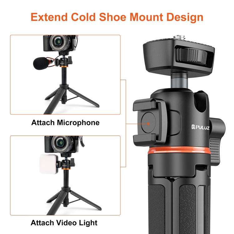 PULUZ Mini Phone Camera Extension Tripod Stand 360 Degree Ball Head Cold Shoe Selfie Stick (Black)