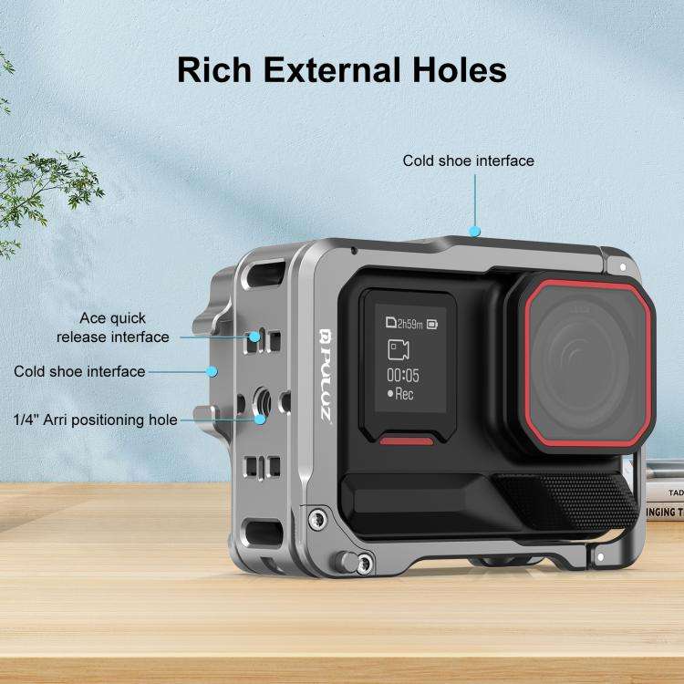 For Insta360 Ace Pro 2 PULUZ Aluminum Alloy Protective Cage Rig Dual Cold Shoe Housing Frame (Sil...