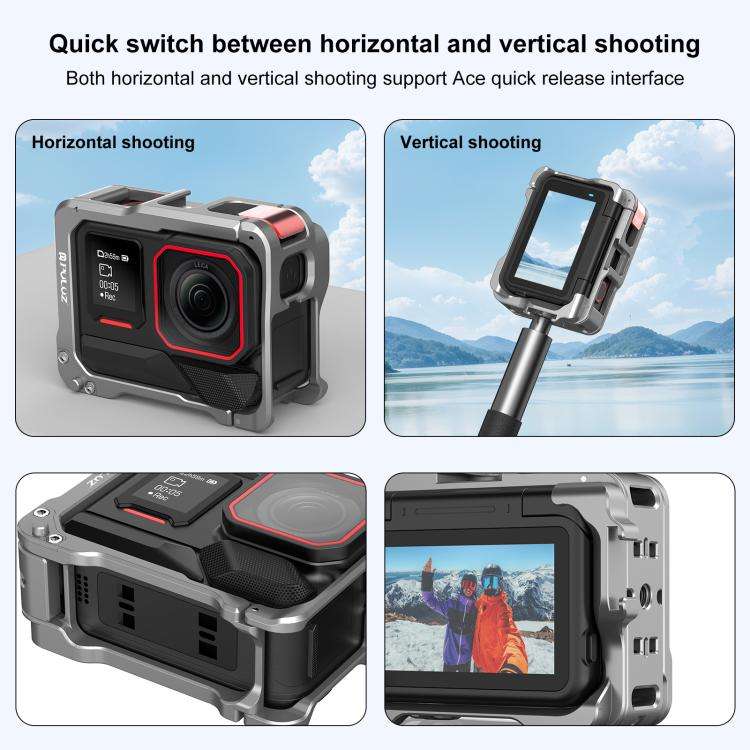 For Insta360 Ace Pro 2 PULUZ Aluminum Alloy Protective Cage Rig Dual Cold Shoe Housing Frame (Sil...