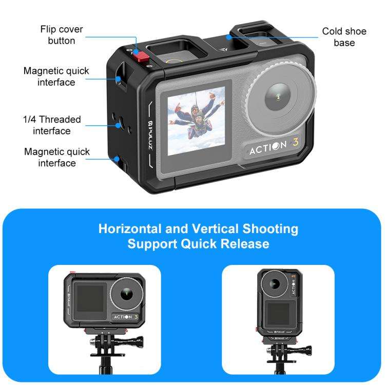 For DJI Osmo Action 5 Pro / 4 / 3 PULUZ All-inclusive Aluminum Alloy Cage Expansion Adapter Frame...