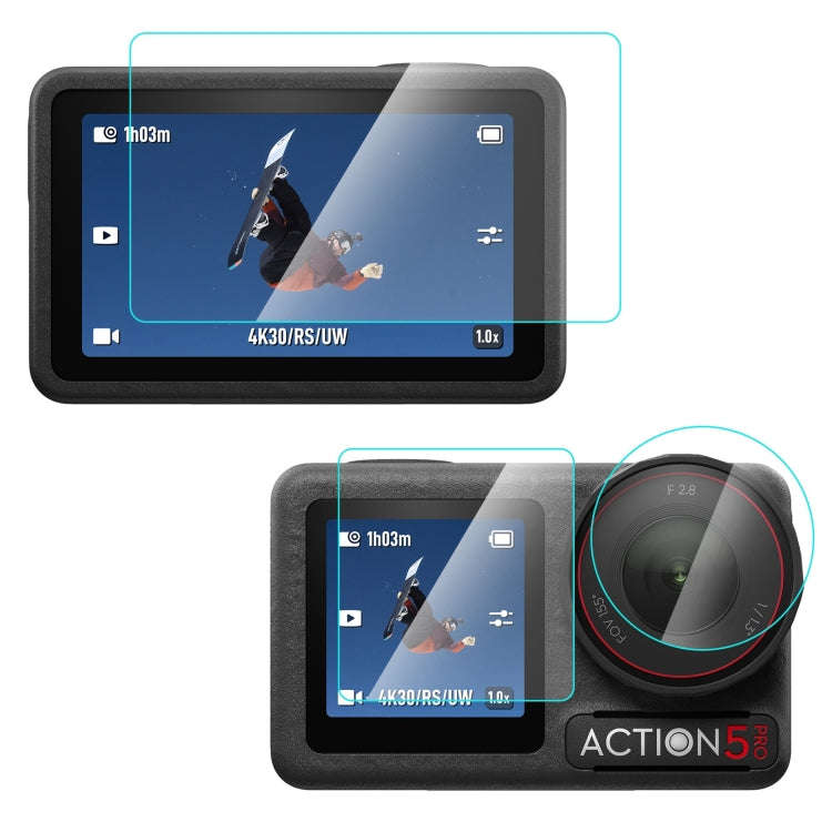 For DJI Osmo Action 5 Pro PULUZ 3-in-1 Lens Front and Back Screen Tempered Glass Explosion-proof ...