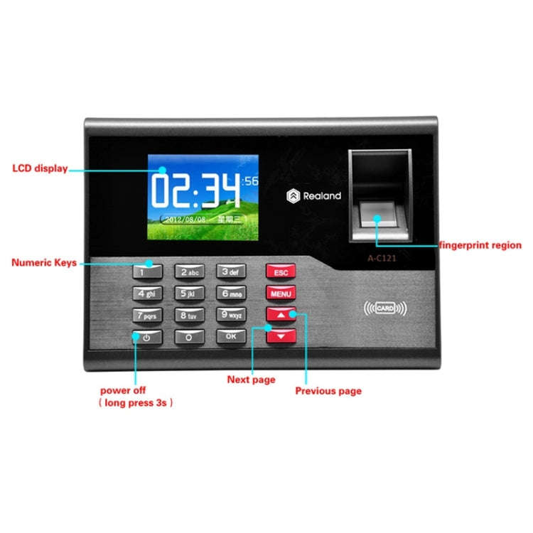 Realand A-C121 2.8 inch Color TFT Screen Fingerprint & RFID Time Attendance, USB Communication Of...