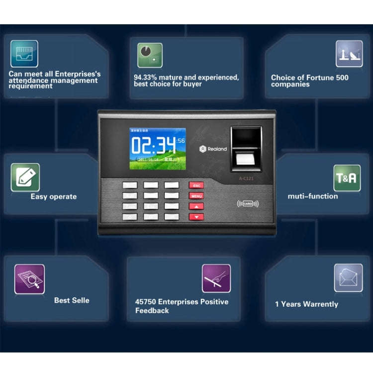 Realand A-C121 2.8 inch Color TFT Screen Fingerprint & RFID Time Attendance, USB Communication Of...