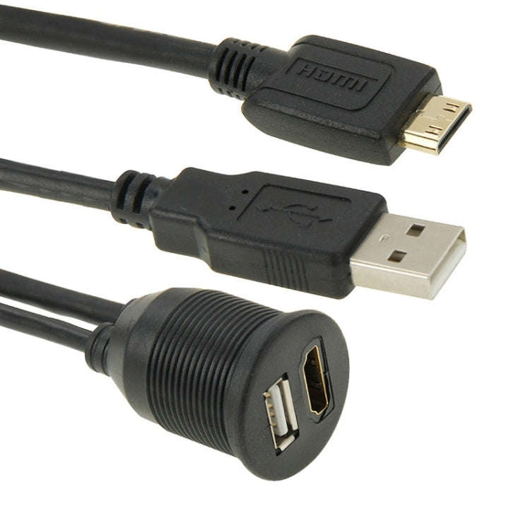 USB 2.0 & Mini HDMI (Type-C) Male to USB 2.0 & HDMI (Type-A) Female Adapter Cable with Car Flush ...