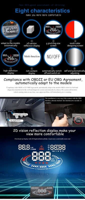 E300 5.5 inch Car OBDII / EUOBD HUD Vehicle-mounted Head Up Display Security System, Support Spee...