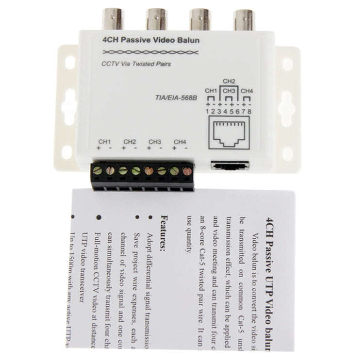4 CH Passive UTP Video Balun / CCTV Via Twisted Pairs
