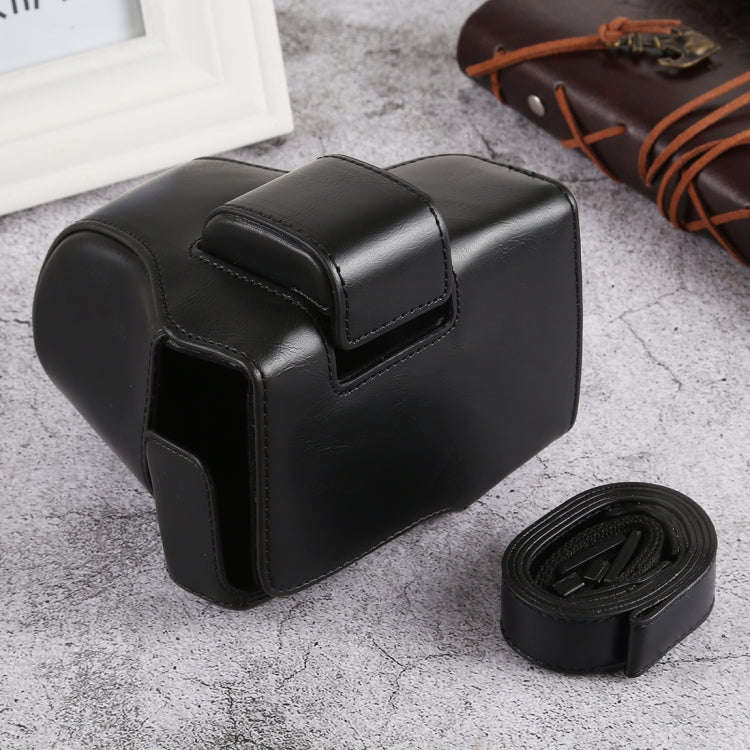 Oil Skin PU Leather Camera Full Body Case Bag with Strap for Olympus EM10 III(Black)