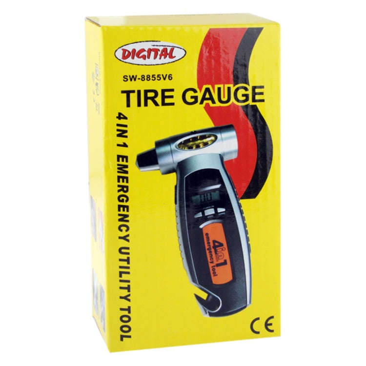 4 in 1 (Digital Tire Gauge + Flashlight + Emergency Hammer + Emergency Seat Belt Cutter) Emergenc...