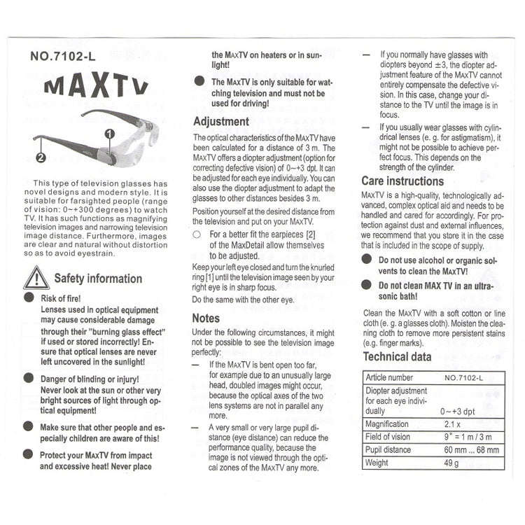 7012L 2.1X TV Magnification Glasses for Hyperopia People (Range of Vision: 0 to +300 Degrees)(Black)