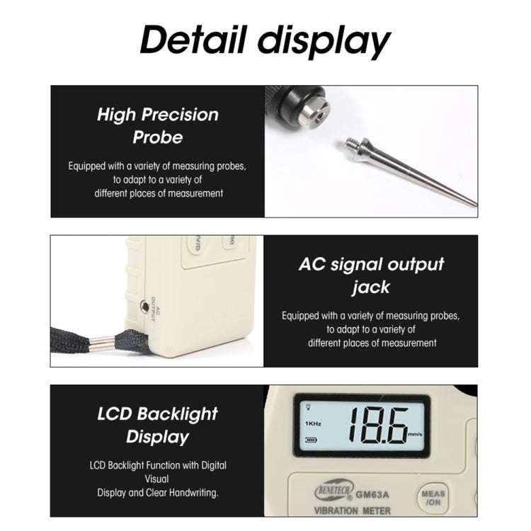 BENETECH GM63A Vibration Meter Digital Tester Vibrometer Analyzer Acceleration Velocity(White)
