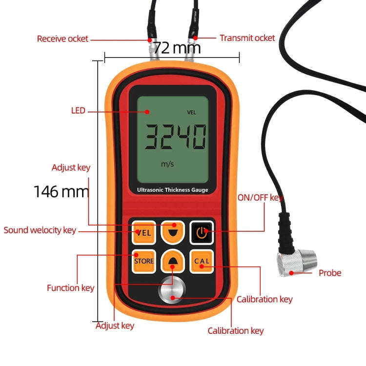 GM-100 Ultrasonic Thickness Meter Tester Gauge Velocity 1.2~225mm(Red)